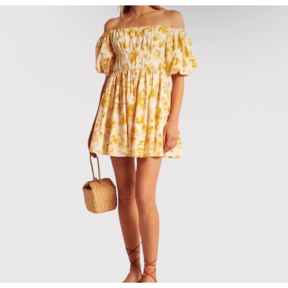 NEW Abercrombie & Fitch Mini Dress Sz‎ Small Tall Yellow Floral off the shoulder